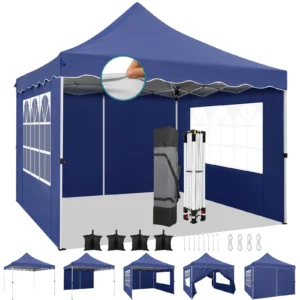 Instant 10x10 pop-up canopy tent with four sidewalls for camping, craft fairs, outdoor events, and tailgating.