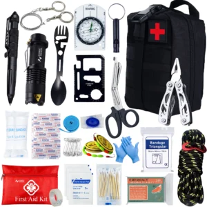 Portable outdoor survival first aid kit with MOLLE emergency pouch for camping, hiking, travel, and emergency preparedness.