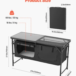 Portable camping kitchen cook station with aluminum folding table for outdoor cooking, camping, RV travel, and picnics.