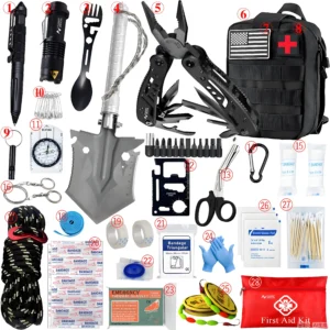 Outdoor survival first aid trauma kit in a MOLLE emergency pouch for camping, hiking, travel, and vehicle emergencies.